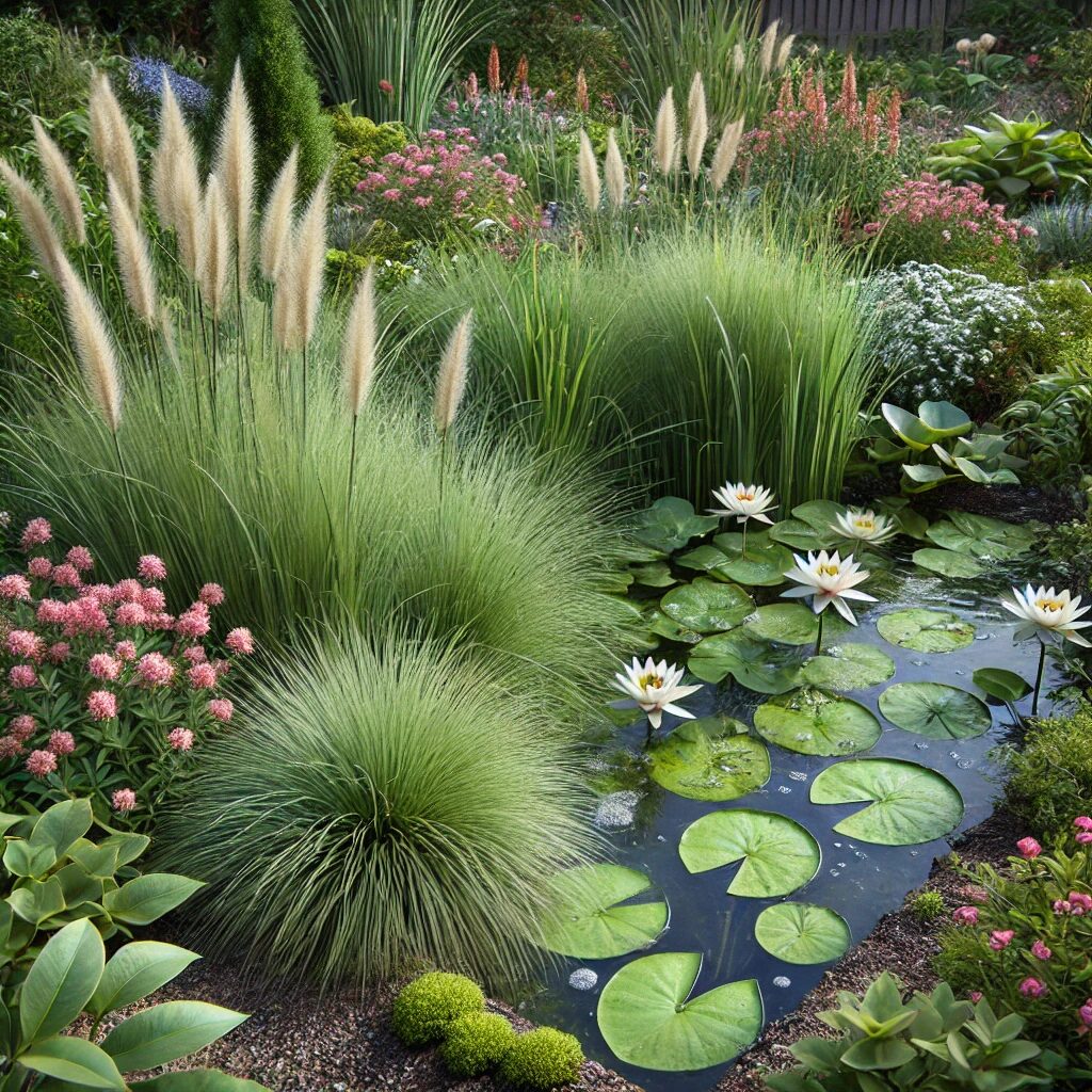 Rain garden pond featuring Soft Rush (Juncus effusus) along the edge, Water Lilies (Nymphaea) floating on the surface, and Swamp Milkweed (Asclepias incarnata) with pink blooms, creating a lush, vibrant landscape.